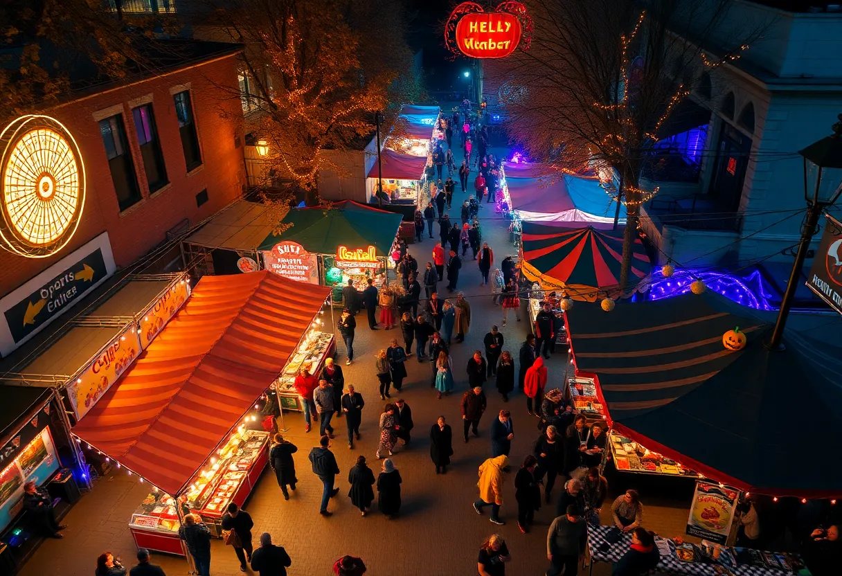 A vibrant view of the Jeffersonville Fright Fair with crowds, decorations, and food stalls