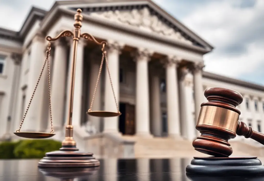 Symbolic representation of justice with scales and gavel.
