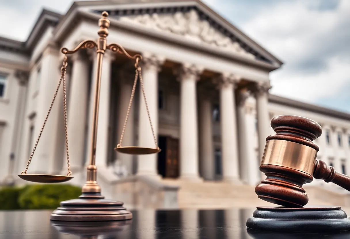 Symbolic representation of justice with scales and gavel.