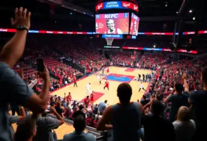 Kansas Jayhawks playing against Louisville Cardinals in a competitive basketball game