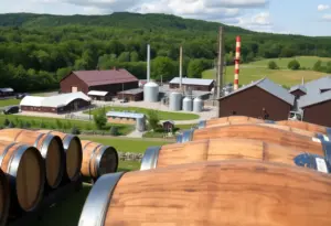 A distillery in Kentucky with barrels of bourbon and beautiful green landscapes.