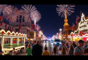 A family enjoying the festivities of the Kentucky Derby Festival with colorful floats and fireworks in the background.