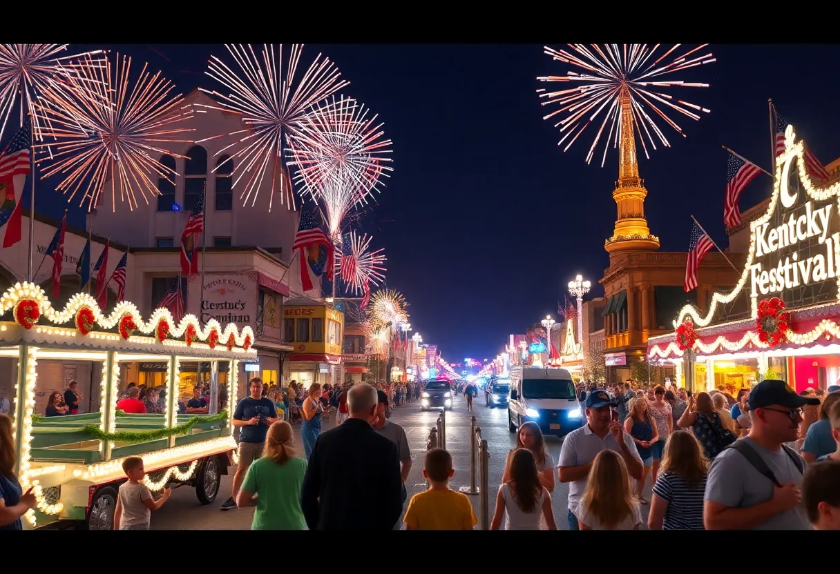 A family enjoying the festivities of the Kentucky Derby Festival with colorful floats and fireworks in the background.