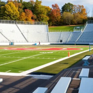 Empty football field indicating postponed games in Kentucky