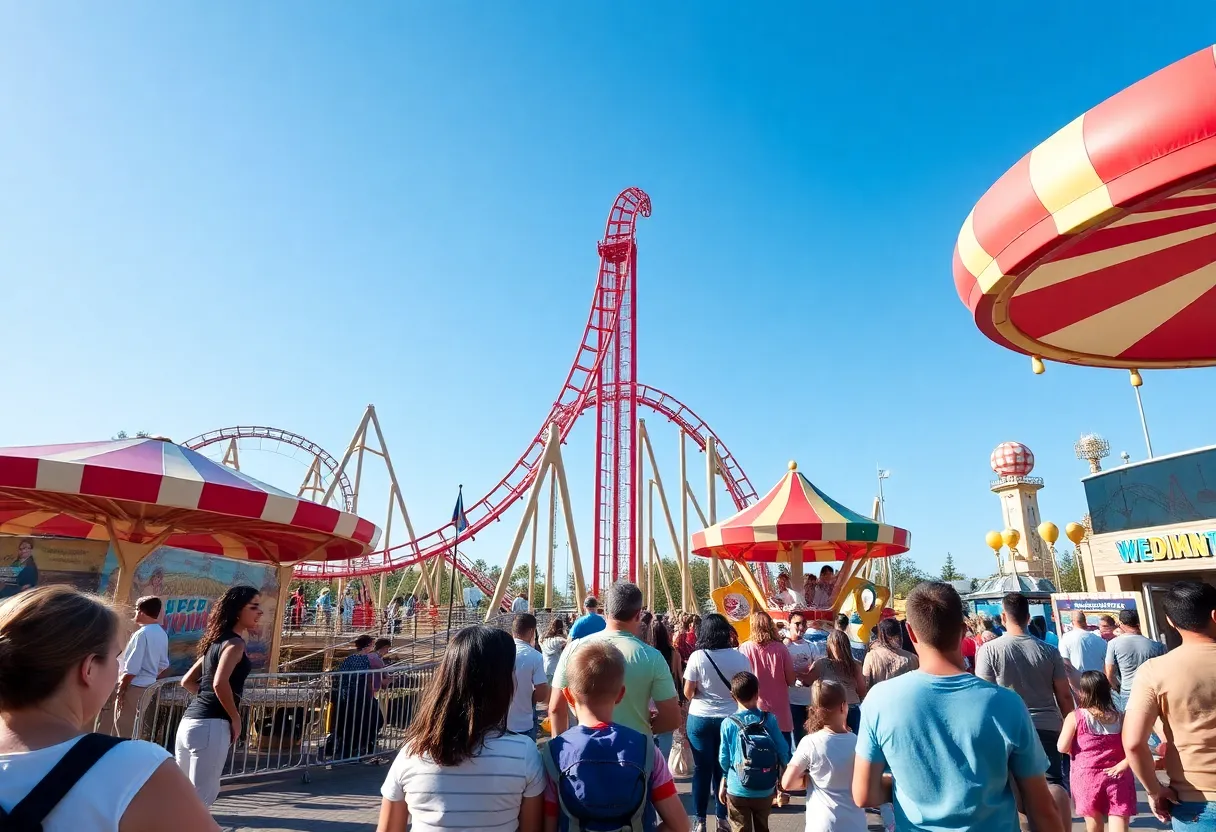 Families enjoying attractions at Kentucky Kingdom amusement park