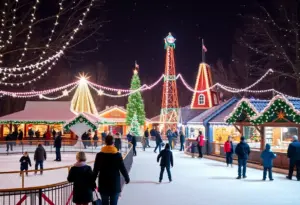 Families enjoying the Kentucky Kingdom Christmas event with festive decorations and ice skating.