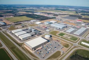 Aerial view of Kentucky's modern manufacturing and renewable energy sites.