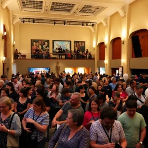 An overview of a busy arts venue in Louisville with attendees at various events.