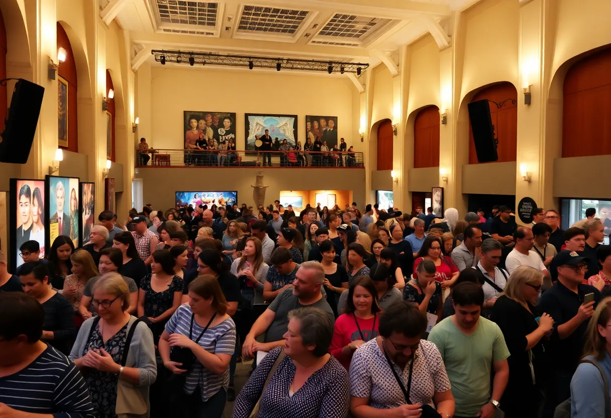 An overview of a busy arts venue in Louisville with attendees at various events.