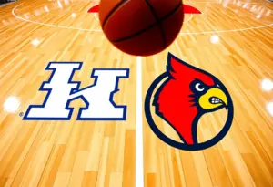 Kentucky Wildcats and Louisville Cardinals basketball logos on a court