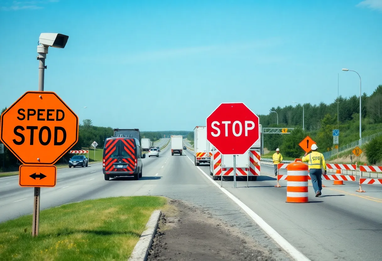 Work zone in Kentucky with speed cameras and construction workers