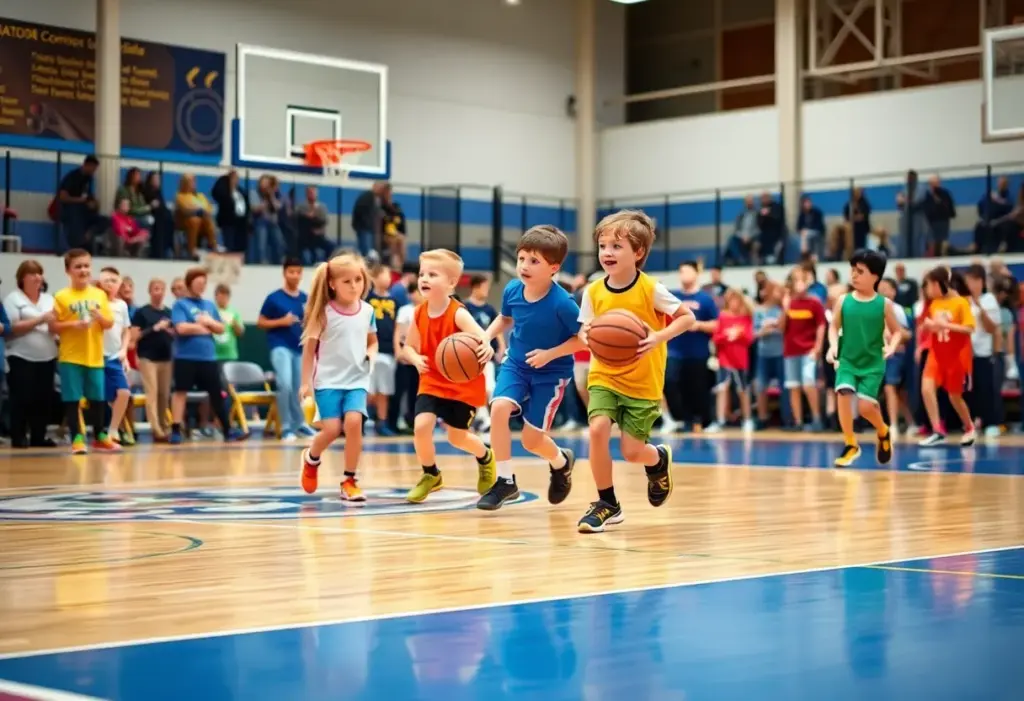 Children participating in the Louisville youth basketball league, playing a 3v3 game.