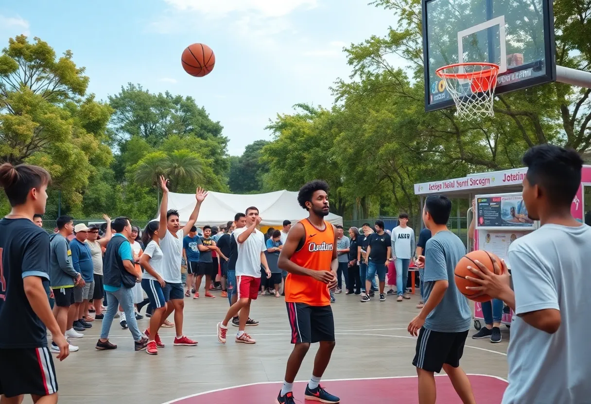 Players competing in the National 3x3 Basketball Championship at Waterfront Park in Louisville