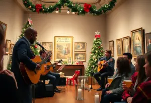 Audience enjoying an acoustic Christmas performance in an art museum setting