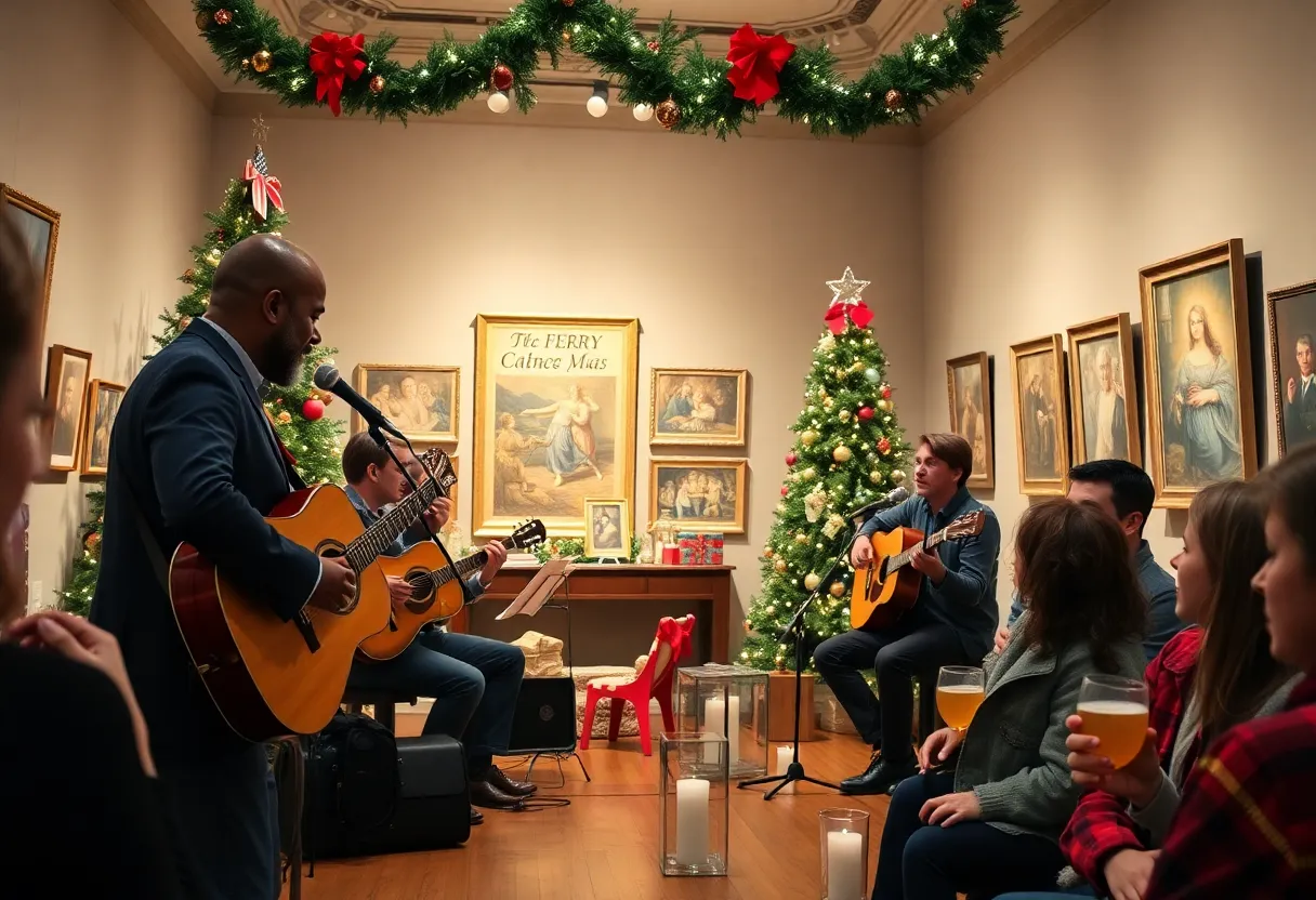 Audience enjoying an acoustic Christmas performance in an art museum setting