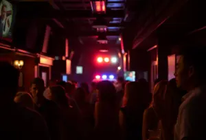 City bar nightlife with police presence indicating safety concerns.