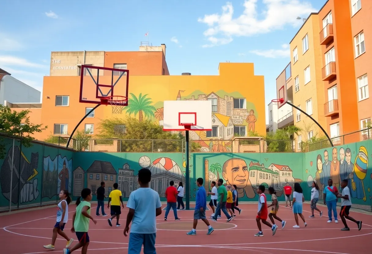 Children playing basketball on the new Dream Court in Louisville's Parkland neighborhood