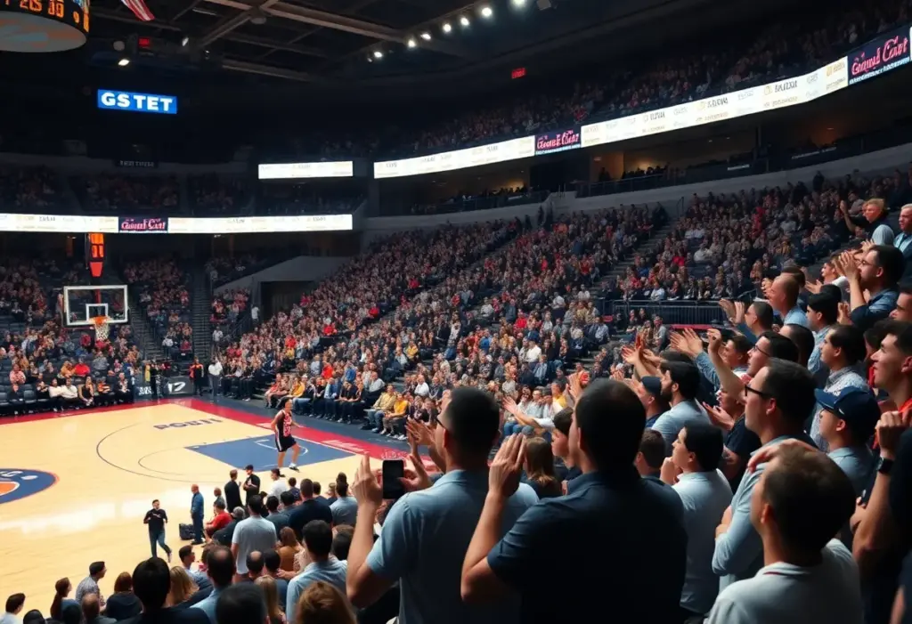 A crowd of enthusiastic fans at a basketball exhibition game.