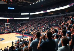A crowd of enthusiastic fans at a basketball exhibition game.