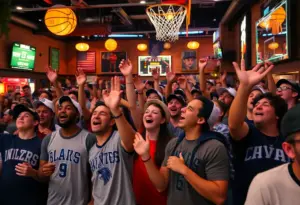 Louisville basketball fans in a sports bar cheering for their team