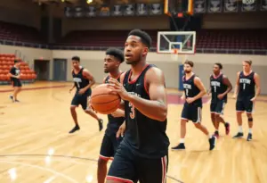Louisville basketball team practicing on the court