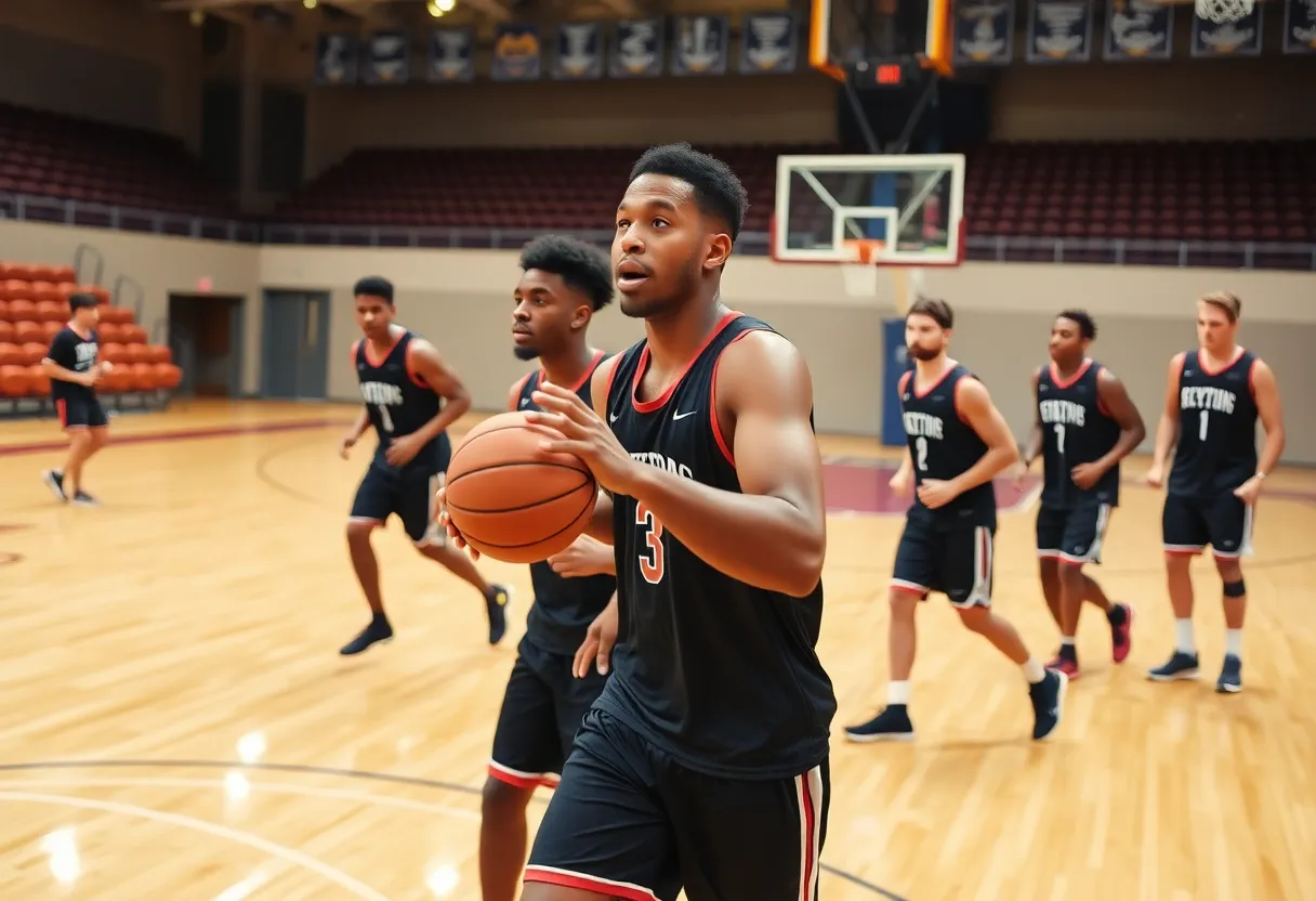 Louisville basketball team practicing on the court