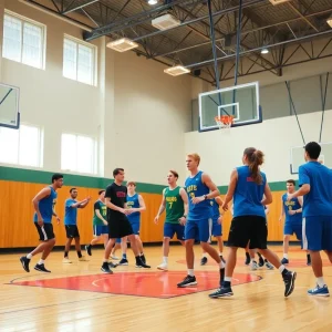 Young basketball athletes practicing in a university gym