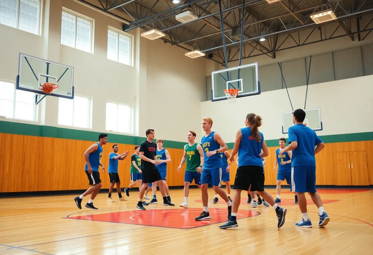 Young basketball athletes practicing in a university gym