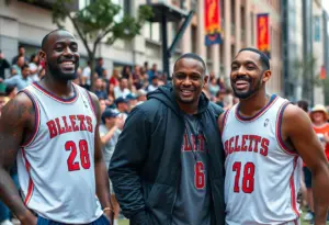 Former NBA stars compete in a basketball tournament in downtown Louisville.