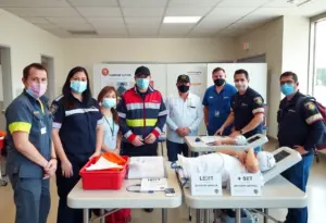 EMS workers participating in a blood donation drive