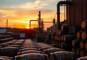 A scenic view of a bourbon distillery in Louisville, Kentucky during sunset.