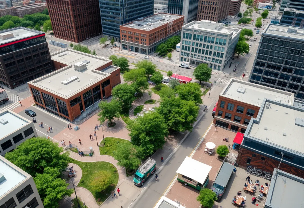 Aerial view of downtown Louisville emphasizing business tourism with eco-friendly venues and culinary activities.