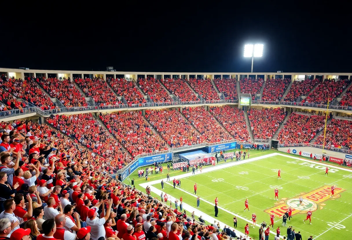 Fans cheering for the Louisville Cardinals football team at L&N Federal Credit Union Stadium