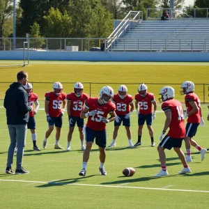 Louisville Cardinals football team practicing on the field