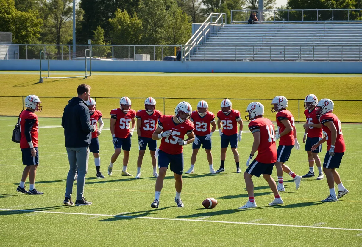 Louisville Cardinals football team practicing on the field