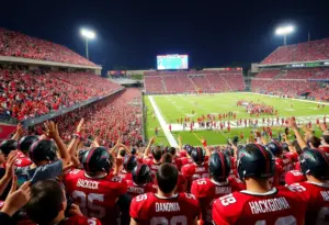 Louisville Cardinals fans celebrating in stadium after an upset win.