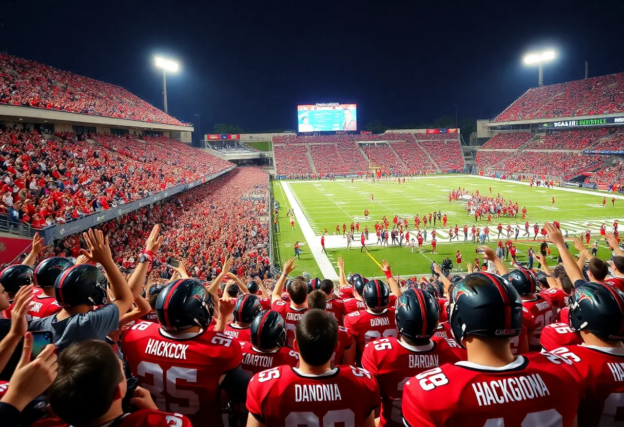 Louisville Cardinals fans celebrating in stadium after an upset win.
