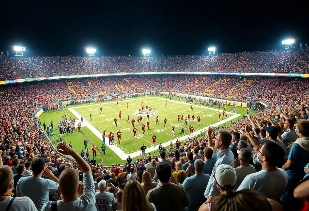 Louisville Cardinals celebrating a football victory at L&N Federal Credit Union Stadium.