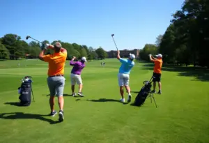 Golfers practicing on a course representing the University of Louisville Cardinals women's golf team.