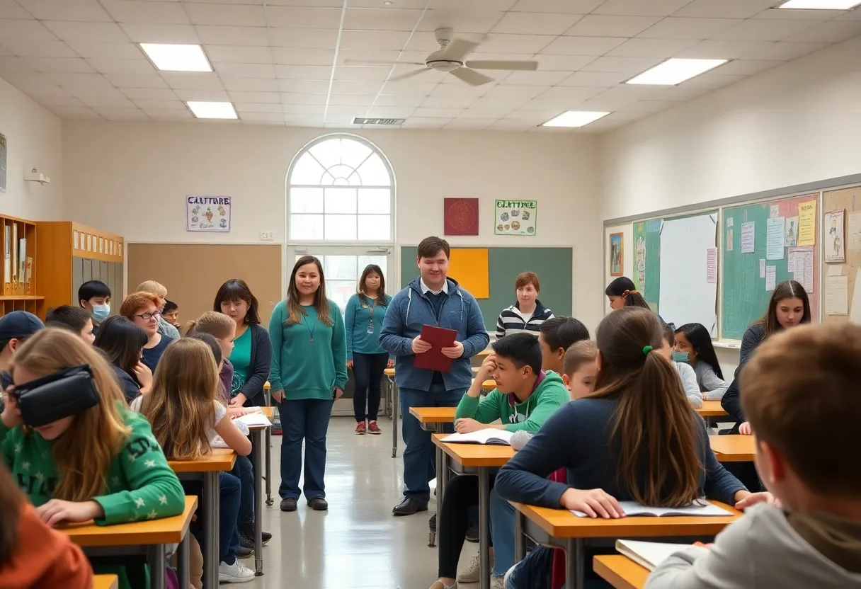 Students at a Louisville Catholic high school participating in classroom activities.