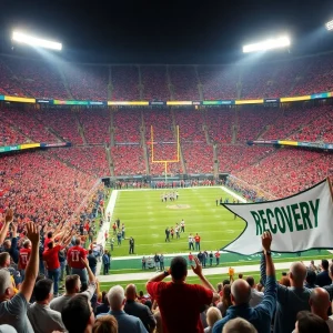 Crowd at University of Louisville football game celebrating recovery of a student-athlete.