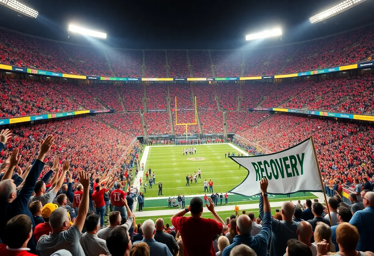 Crowd at University of Louisville football game celebrating recovery of a student-athlete.