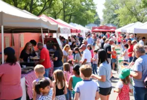Families enjoying the Louisville Chili Cookoff with various chili booths in the background.