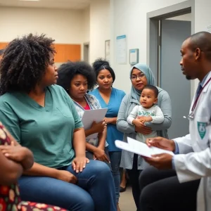 Families at a Louisville clinic discussing healthcare options.