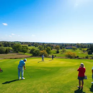 Golf course with spectators and players during the Derby City Invitational