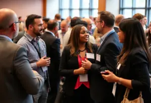 Diverse business leaders networking at an event in Louisville.