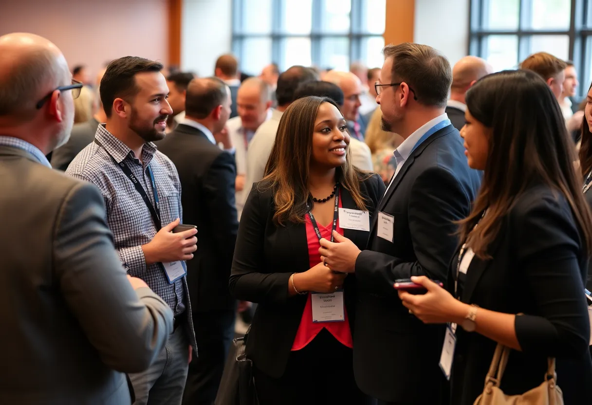 Diverse business leaders networking at an event in Louisville.