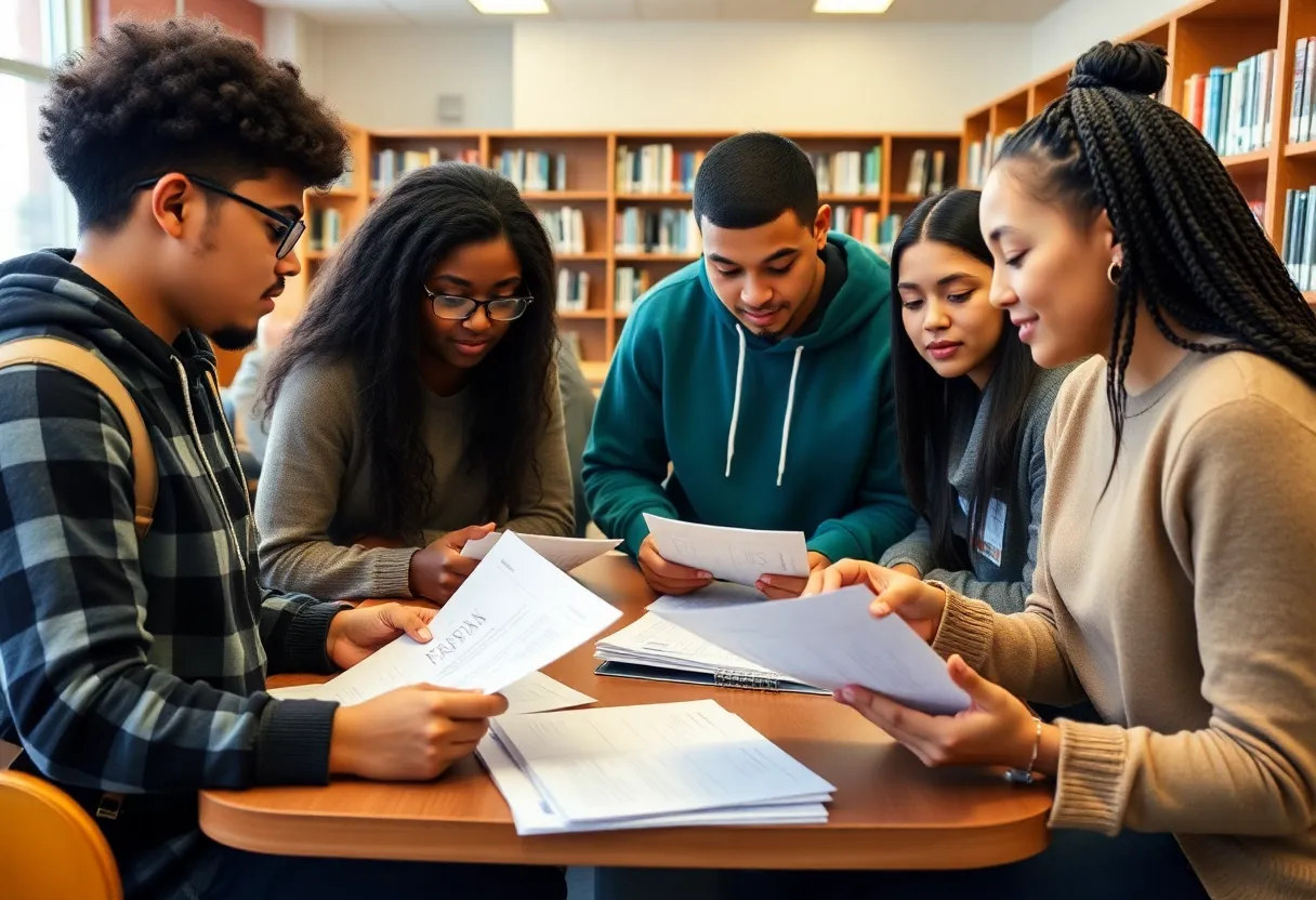 High school seniors attending a FAFSA workshop at a library