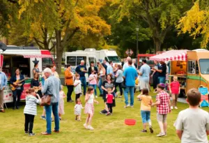 Families enjoying the fall festival at Cherokee Park with food trucks and live music.