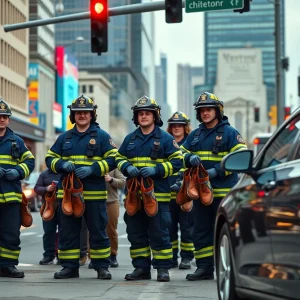 Firefighters at a busy intersection during the Fill the Boot drive in Louisville.